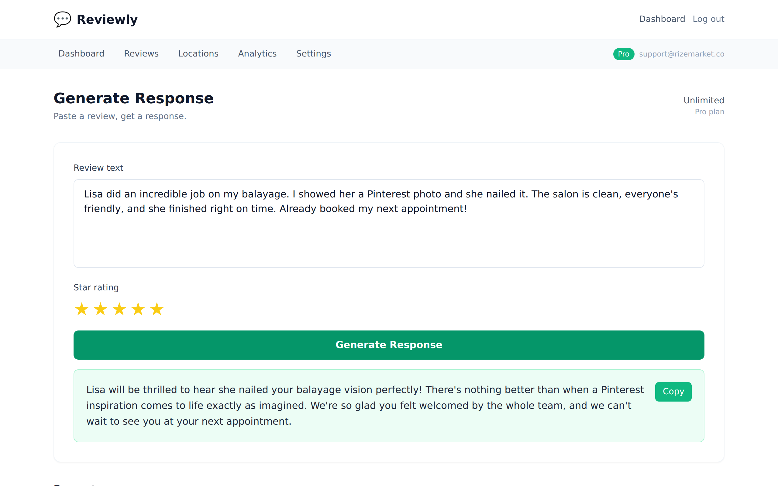 Positive salon review with personalized response - salon review response examples