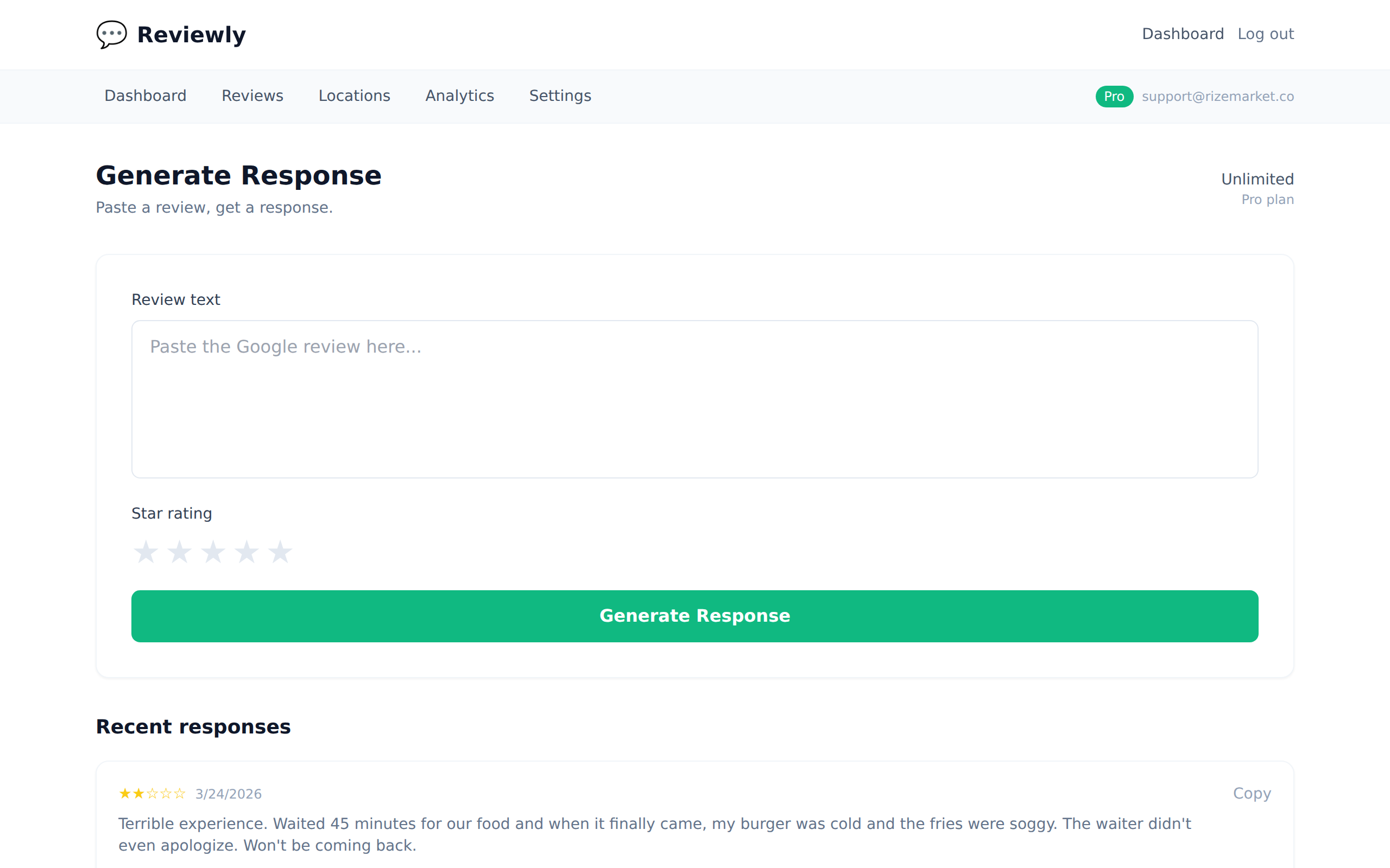 Reviewly free demo interface — no signup needed - free review response generator