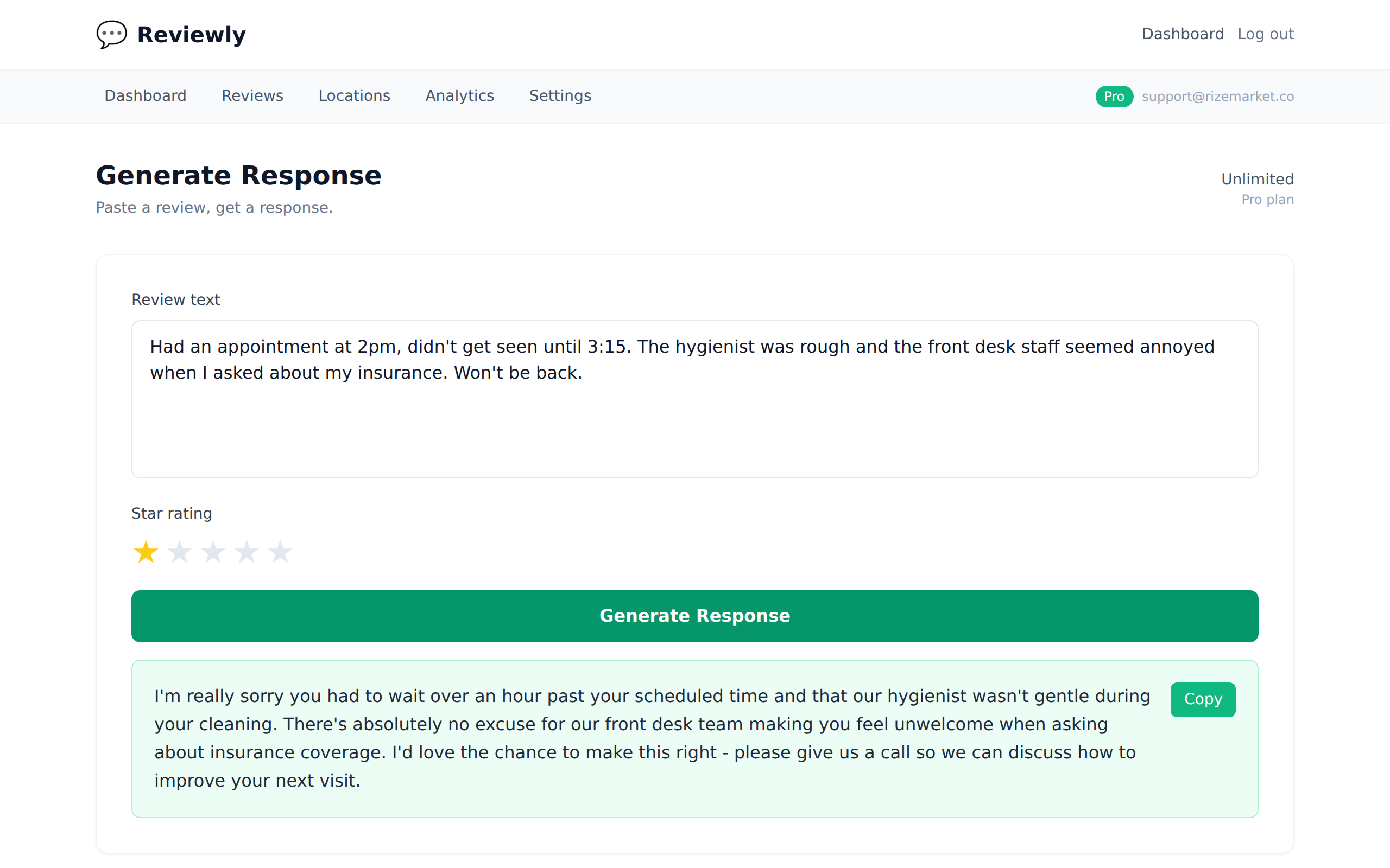 Dental review and empathetic AI response - dental review response examples