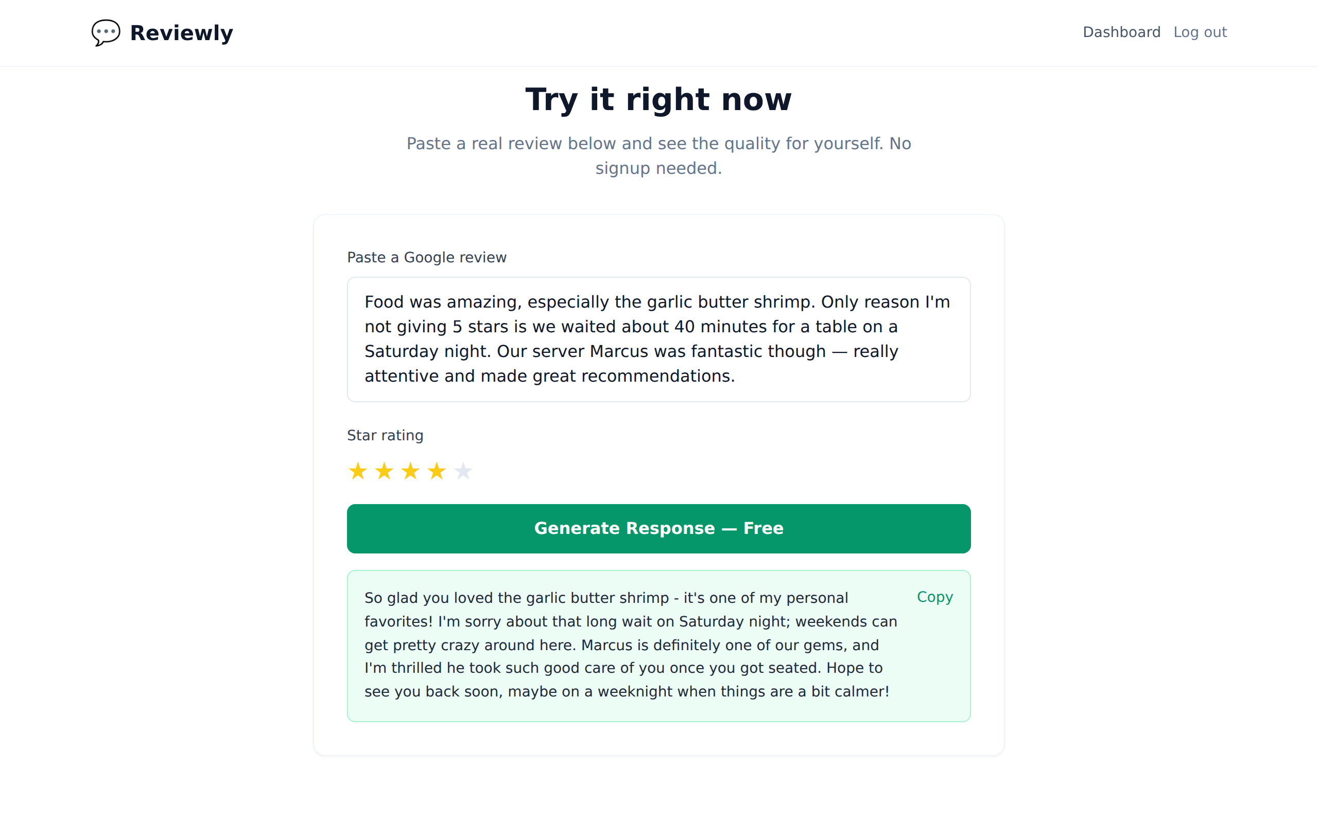 Reviewly generating a restaurant review response - restaurant review response examples
