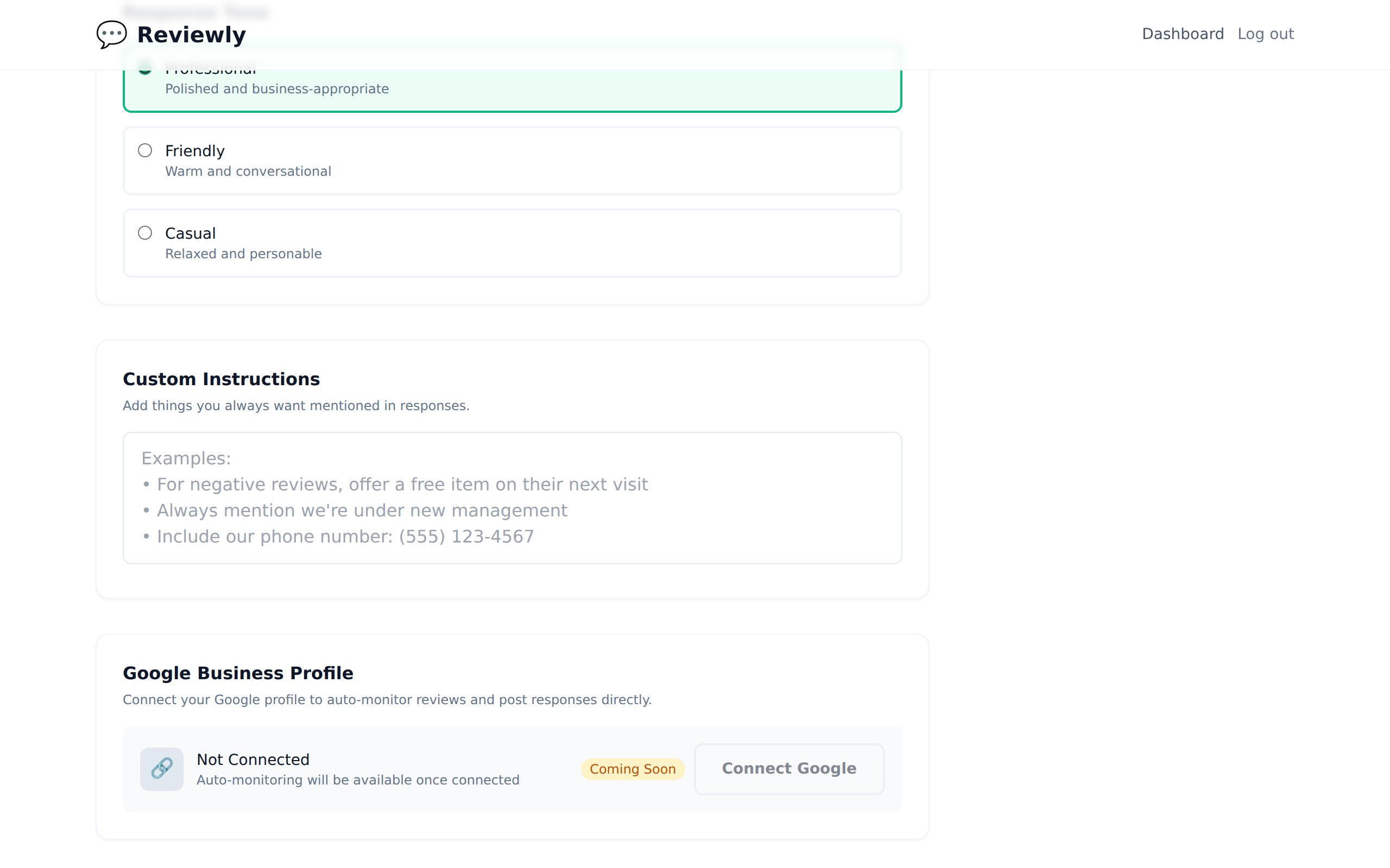 Reviewly tone settings showing casual and witty options - funny responses to negative reviews